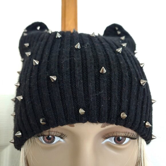 SPIKE Cat Ears Studded Knit Beanie Hat Woman's Size OS - Picture 3 of 9